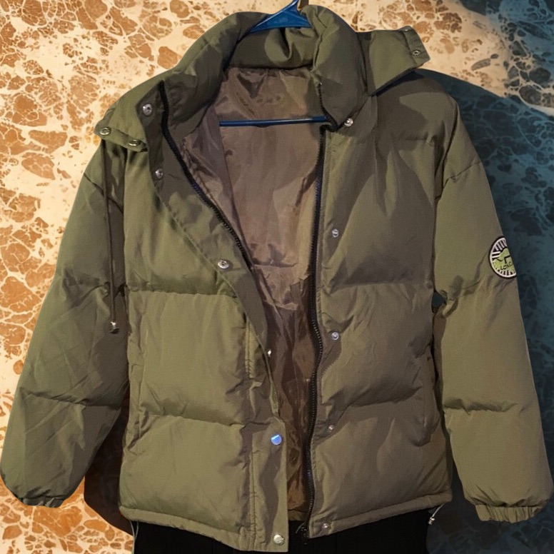 Olive Puffer Jacket With Hood And Logo Patch | Loxcavin Like New
